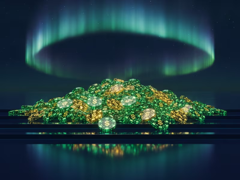 Glowing pile of emerald and gold Aurora Coins under an aurora arc