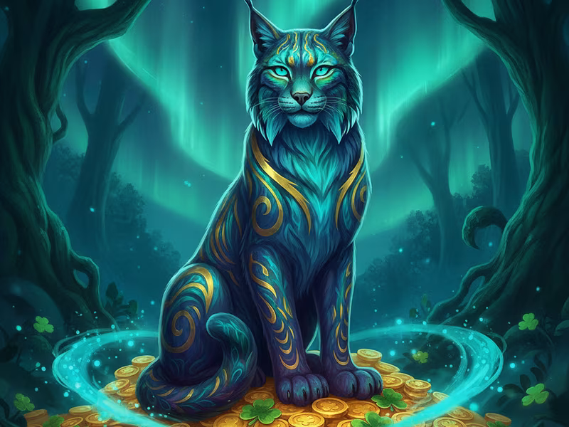 Lucky Lynx slot game cover with a majestic lynx among coins and clovers