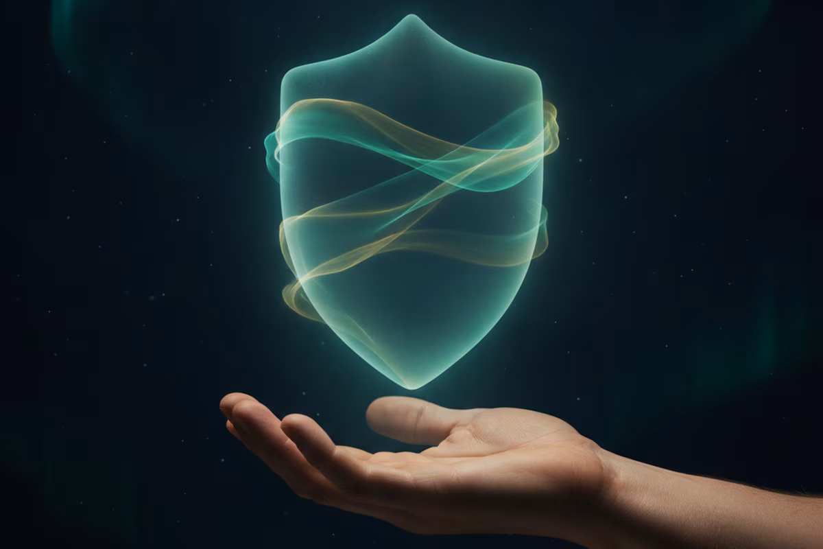 A translucent shield of aurora light floating above an open palm