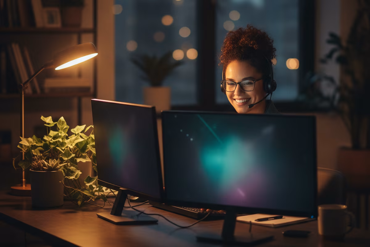 A smiling support specialist at a softly lit desk with dual monitors